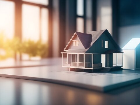 a concept holo 3d render model of a small living house on a table in a real estate agency. signing mortgage contract document and demonstrating. futuristic business. blurry background. Generative AI