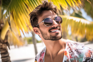 A holiday attractive man is smiling sunglasses on a  beach ; a tropical background or banner