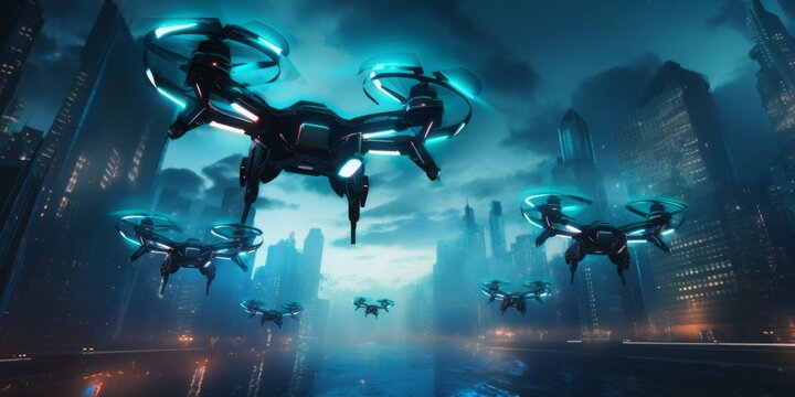 War Drones Soar Over a Burning City, Illustrating the Harsh Realities of the Ukraine War and the Future of Warfare, with a Focus on Advanced Weapons and Drone Technology in Cyber Warfare