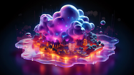 concept of information storage technologies in the cloud, a cloud illuminated with neon pink light above a model of a city or organization, innovation is already near us