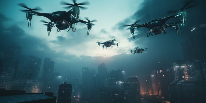 War Drones Soar Over a Burning City, Illustrating the Harsh Realities of the Ukraine War and the Future of Warfare, with a Focus on Advanced Weapons and Drone Technology in Cyber Warfare