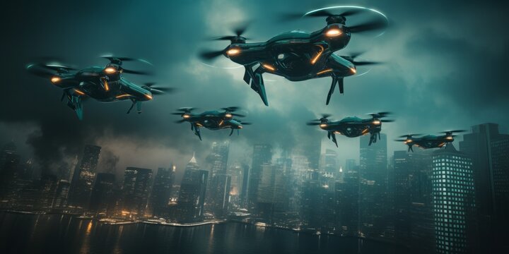 War Drones Soar Over a Burning City, Illustrating the Harsh Realities of the Ukraine War and the Future of Warfare, with a Focus on Advanced Weapons and Drone Technology in Cyber Warfare