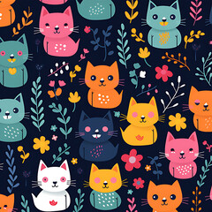 Cute cat's colorful seamless pattern, background-AI-Generated
