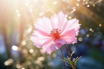 A vibrant pink flower in a garden surrounded by sunlight and soft, hazy glimmers. Generative AI