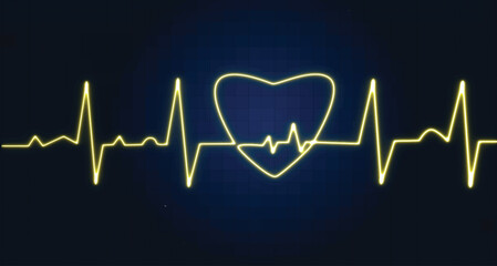 Yellow neon heartbeat with love shaped isolated on blue grid background. Medical concept and ecg pulse line graph