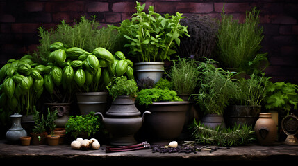 Fototapeta na wymiar Discover the elegance of a culinary herb garden, carefully curated and artistically captured in this image. Each herb, from basil to thyme, is showcased with impeccable detail, offering a feast for bo
