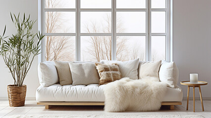 White sofa with blanket and fur pillow near the window. Scandinavian style interior design of modern living room. Generative AI