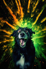 Dog portrait scared and shocked in panic of New Year's Eve green fireworks, copy space in background