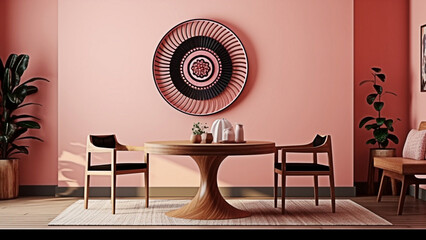 Dining table with chairs against the pink wall. Art deco interior design of modern dining room. Generative AI