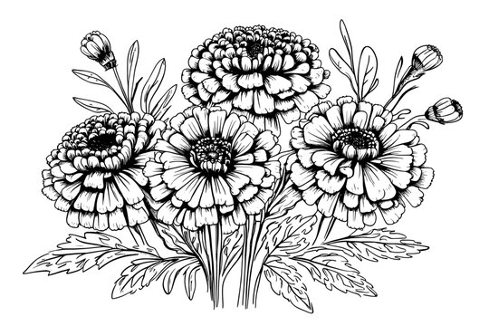 sketch Calendula flowers, bouquet Marigold, outline floral design elements isolated on white background, contour herbs