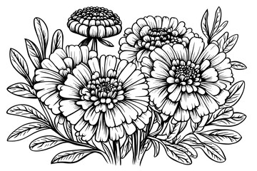 sketch bouquet Calendula vector drawing. Isolated medical flower and leaves. Herbal engraved style illustration.