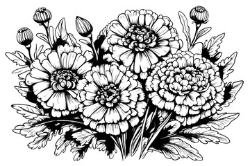 sketch bouquet Calendula vector drawing. Isolated medical flower and leaves. Herbal engraved style illustration.