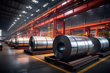Fototapeta premium Rolls of galvanized steel or stainless sheet inside the factory or warehouse