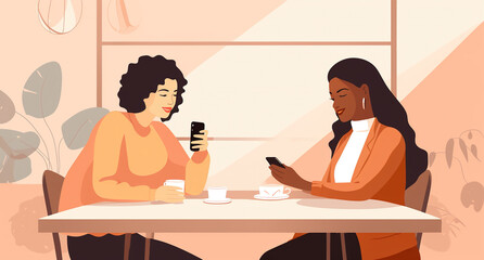 Fototapeta premium two women drinking coffee in cafe and using their smartphones. concept of modern day communication