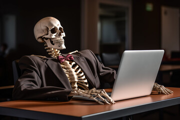 skeleton in a suit in front of the laptop, concept of overworking and being bored to death
