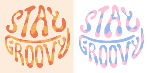 Typography Stay Groovy Lettering. Wavy handwritten slogan in retro style. 60s 70s inscription for t shirt, print, card, poster. Colorful lettering in vintage style. Vector stock illustration. 