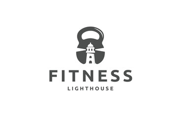 Obraz premium Fitness logo with simple and modern combination of kettlebell and lighthouse template flat vector