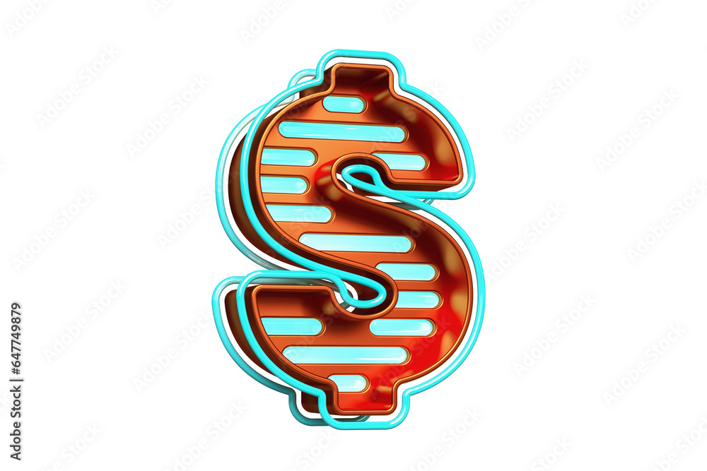 Poster 3d dollar symbol in bronze with bright blue neon lines. colorful leds style display font. high quali