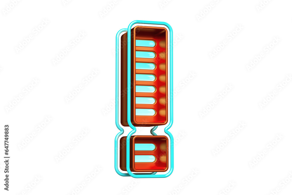 Poster 3d retro modern neon font. shiny exclamation point in orange with cyan lines. high quality 3d render