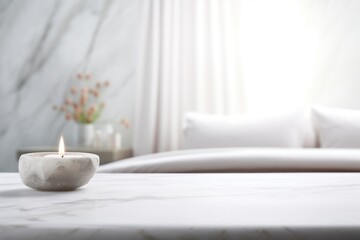 Spa marbled empty table top background. Blank white stone table front view, blurred bedroom background. Cosmetics presentation mockup. Generated by AI