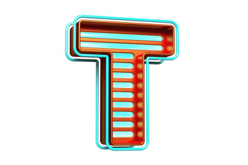 Shiny luminous letter T in bronze and blue strips. Colorful casino style font. High quality 3D rendering.