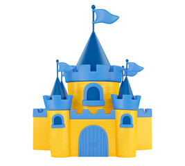 Blue and yellow children's castle n on transparent background in 3d render cartoon illustration