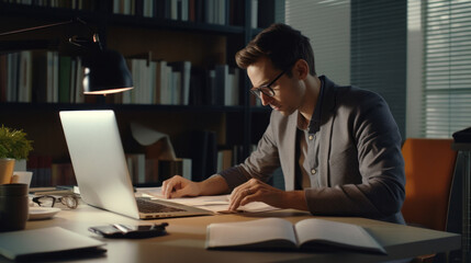 Focused Endeavor: A Diligent European Man with Glasses Engrossed in Evening Paperwork, Seamlessly Juggling between Laptop Tasks at His Office Desk at Home.
