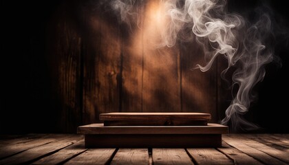Empty Blank Old Dark Brown Wooden Table Podium Stand Platform White Smoke Smog Fume Dim Light Glow Grudge Wall Background Eerie Rustic Backdrop Halloween Creepy Banner Mockup Product Display Showcase