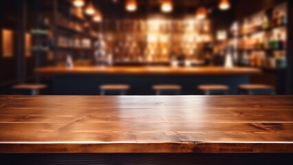 Wooden empty table in front, blurred bar background. Bar counter wood surface. Dark table top for presentation product. Restaurant desk mockup generated by AI