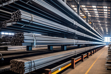Metal profile Steel bar in packs at the warehouse of metal products - obrazy, fototapety, plakaty