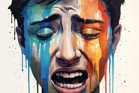 Water color painting concept depiction of a person's face  in sad, highlighting the emotional impact of the emotion, illustration Generative AI