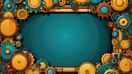A frame made of gears and cogs on a blue background, AI