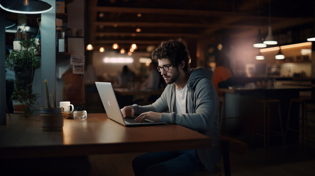 Young Male Programmer IT Specialist Working with Macbook in a Cafe. Low Light