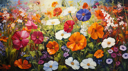 Fototapeta na wymiar A Bed of Blooming Summer Flowers is a painting showing a bed of summer flowers