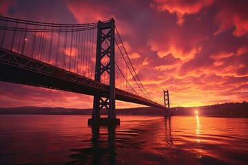 A breathtaking sunset view of a majestic suspension bridge, its elegant cables and towers silhouetted against a vibrant orange and pink sky.