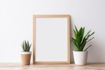 An empty frame on a table with indoor flowers