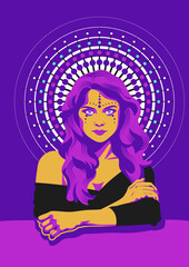 Beauty Face Blue Eyes Woman Portrait. Creative Psychedelic Style Lady Ornamental Illustration