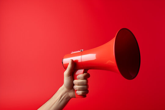 A hand holds a red megaphone on a red background