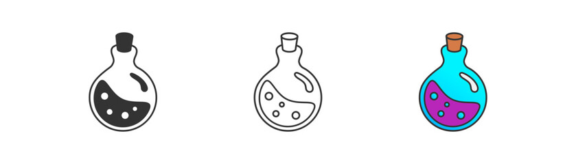 Bottle of magic potion icon on light background. Chemical symbol. Halloween, witchcraft element, wizard, laboratory. Outline, flat, and colored style. Vector illustration.