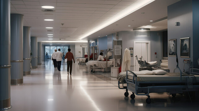 Wide hospital corridor with bed on the right side. Well lit and with people in the background