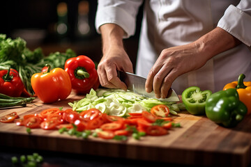 Generative AI - Cook's hands close view, cutting vegetables