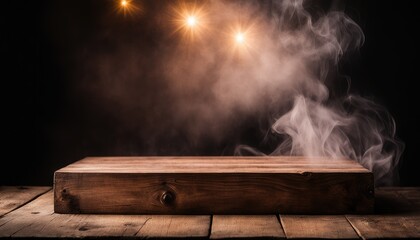 Empty Blank Old Dark Brown Wooden Table Podium Stand Platform White Smoke Smog Fume Dim Light Glow Grunge Wall Background Eerie Rustic Backdrop Halloween Creepy Banner Mockup Product Display Showcase