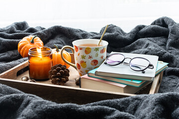 Cozy autumn composition with cup of herbal tea, warm blanket, candle, interesting books and autumn...