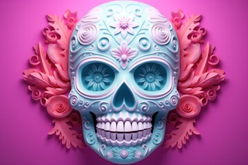Mexican typical skull decorated for Dia de los Muertos or the Day of the Dead with purple colors isolated, AI Generated