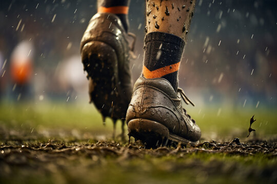 Close up picture of soccer cleats on muddy green field generative AI concept