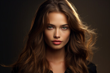 Fototapeta premium Generative Ai portrait of young pretty woman natural beauty brown volume hairstyle on background