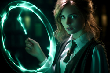 Young girl witch in magic school making spell fantasy novel illustration of Generative AI technology