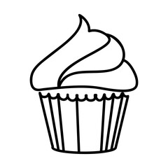 Simple outline of sponge cake muffin vector icon. Black line drawing or cartoon illustration of sweet snack isolated on white background. Food, desserts, confectionary concept