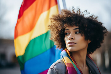 Generative AI picture of a charming beautiful happy girl on lgbt demonstration parade stands for lesbian rights