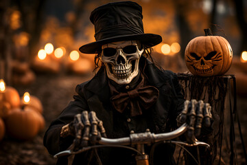A wonderful skeleton in a suit with a bicycle. Scary Halloween season. Skull. Pumpkin decorations. Halloween lights - obrazy, fototapety, plakaty